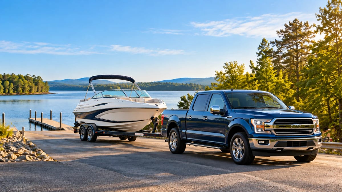 A pickup truck towing a boat on a trailer at a lake boat ramp